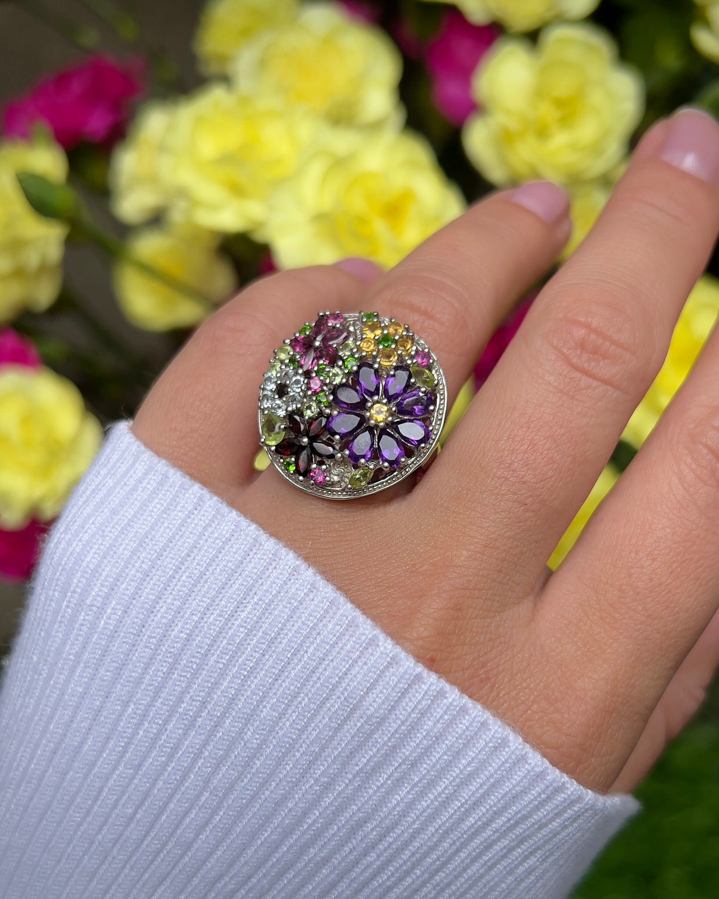Multicolor Gemstones Flower Ring 4 Carats Sterling Silver
