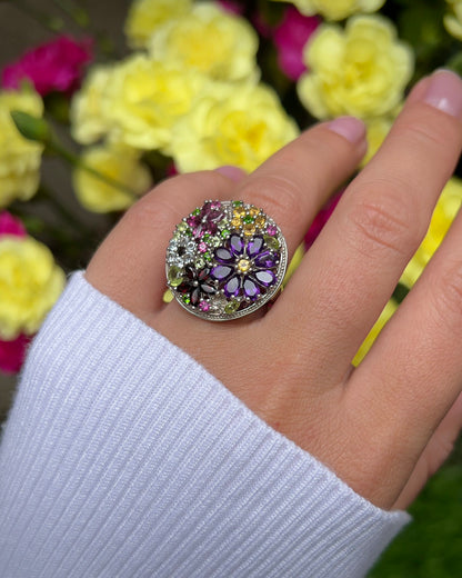 Multicolor Gemstones Flower Ring 4 Carats Sterling Silver