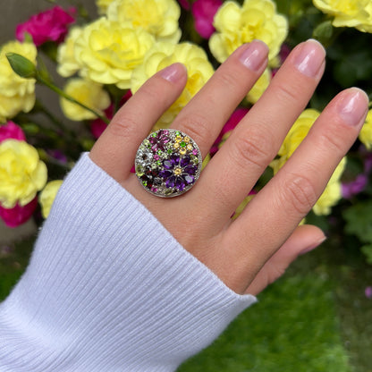 Multicolor Gemstones Flower Ring 4 Carats Sterling Silver