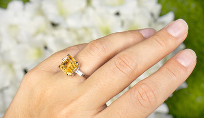 Asscher Cut Citrine Ring White Topaz 4.89 Carats