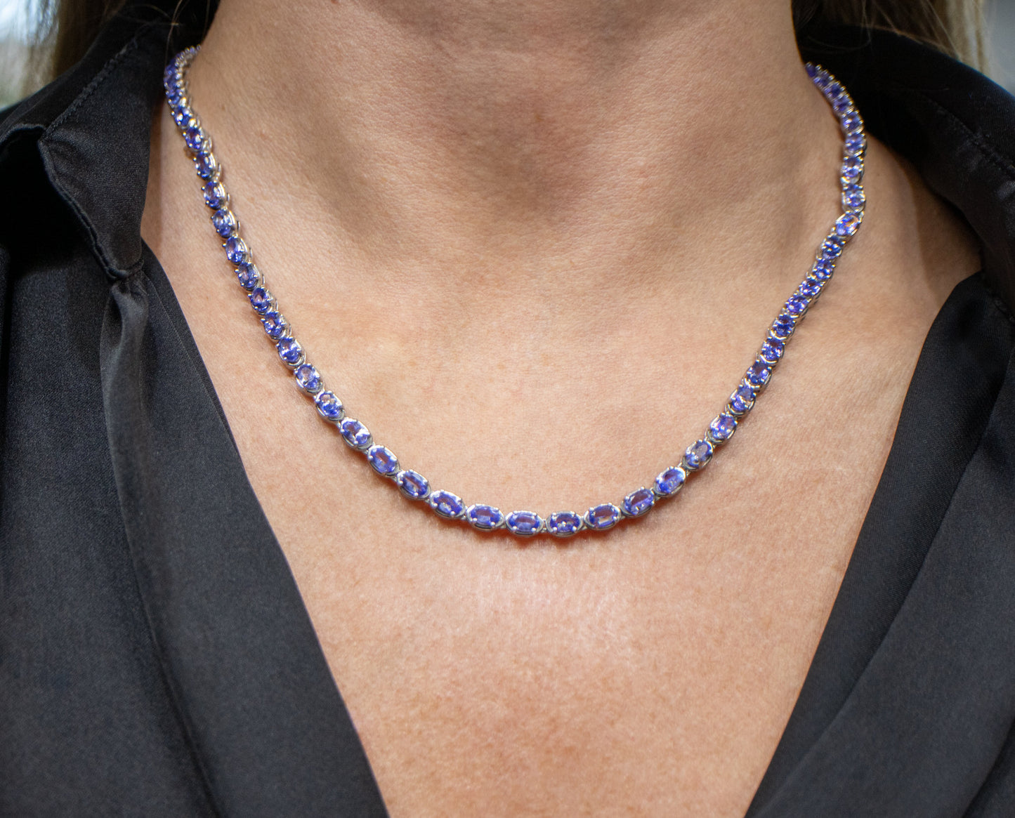 Tanzanite Tennis Necklace 10 Carats Sterling Silver