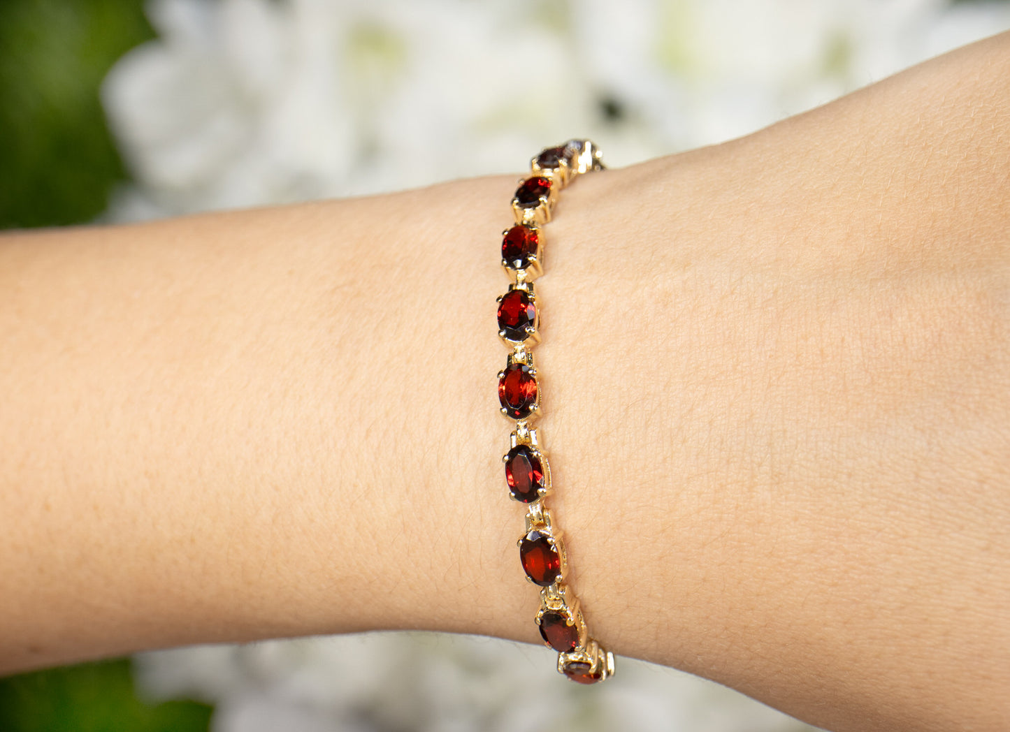 Natural Red Garnet Tennis Bracelet 11 Carats 14K Yellow Gold Plated Silver