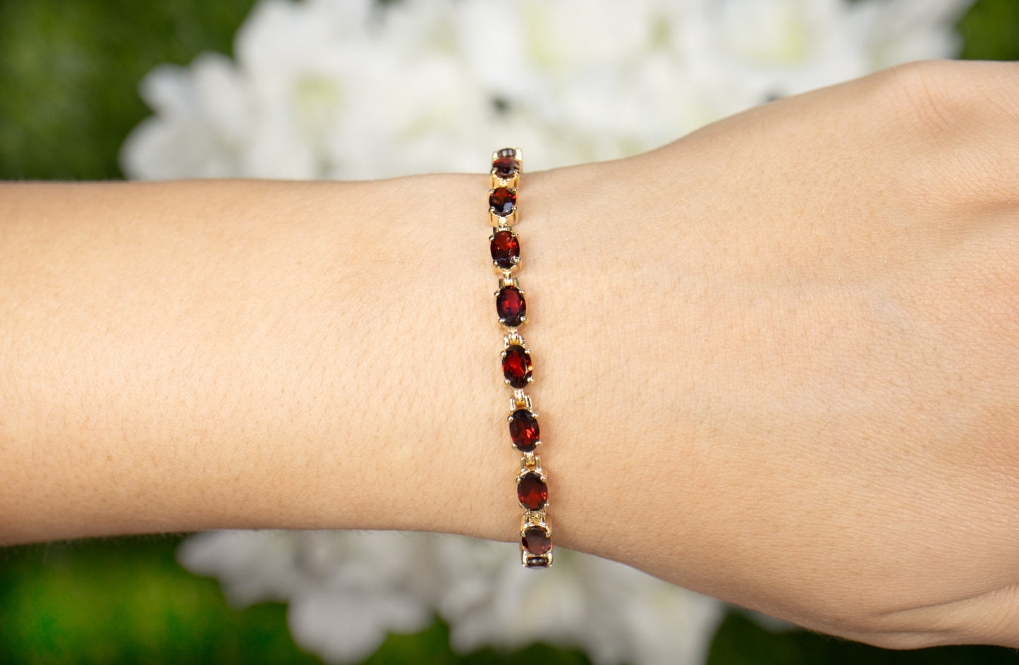 Natural Red Garnet Tennis Bracelet 11 Carats 14K Yellow Gold Plated Silver