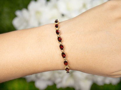 Natural Red Garnet Tennis Bracelet 11 Carats 14K Yellow Gold Plated Silver