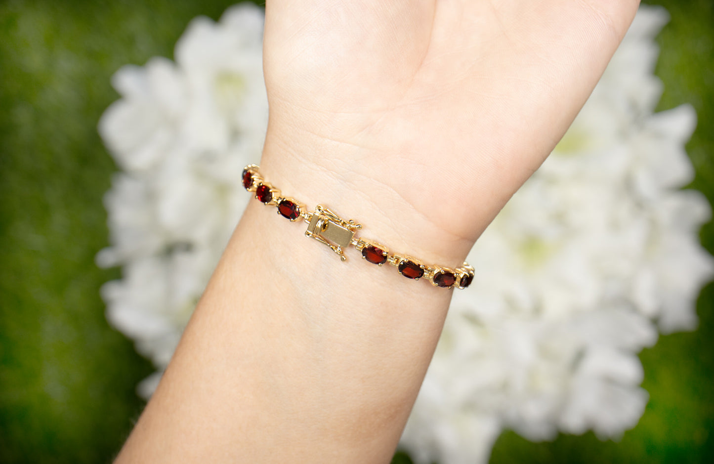 Natural Red Garnet Tennis Bracelet 11 Carats 14K Yellow Gold Plated Silver