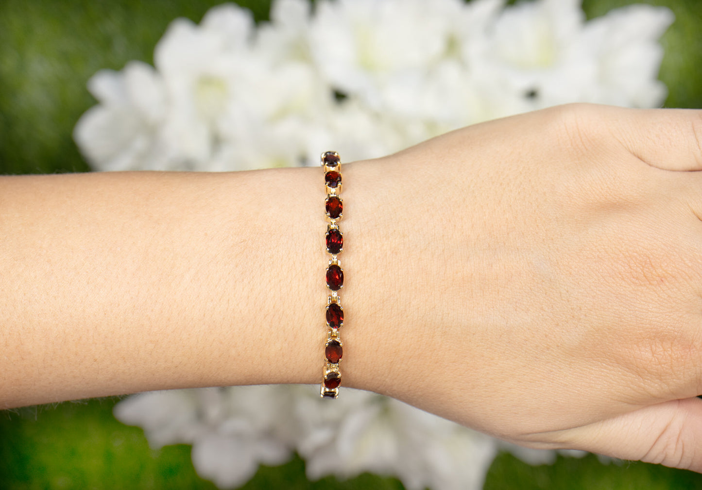 Natural Red Garnet Tennis Bracelet 11 Carats 14K Yellow Gold Plated Silver