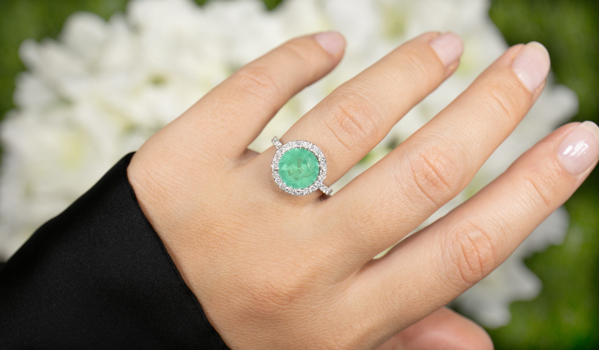 IGI Certified Mint Green Emerald Ring Diamond Halo 3.27 Carats 18K White Gold