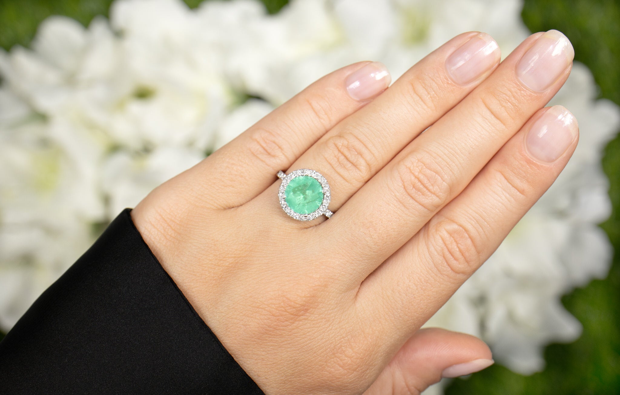 IGI Certified Mint Green Emerald Ring Diamond Halo 3.27 Carats 18K White Gold