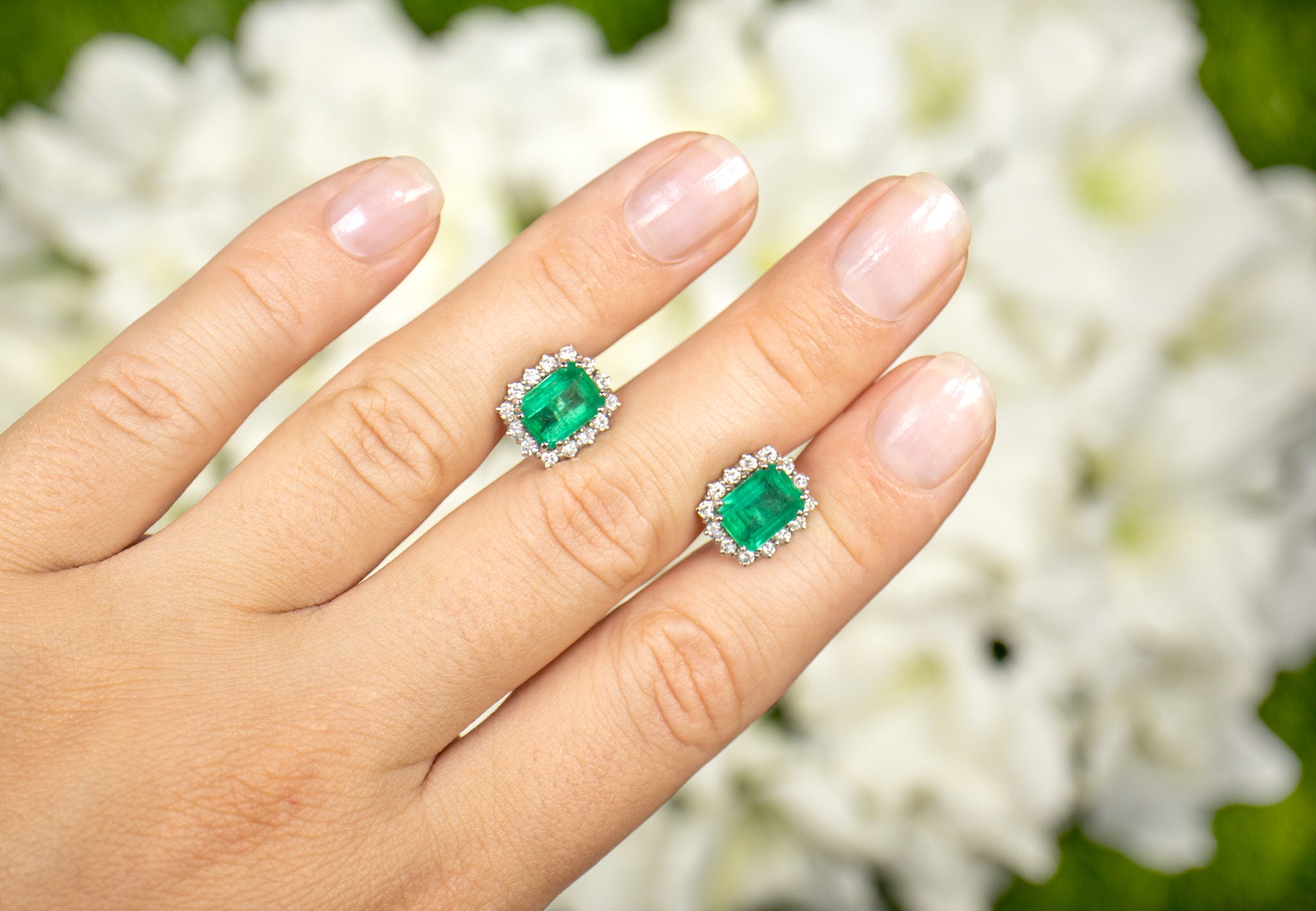 IGI Certified Emerald Stud Earrings Diamond Halo 4.49 Carats 18K Gold