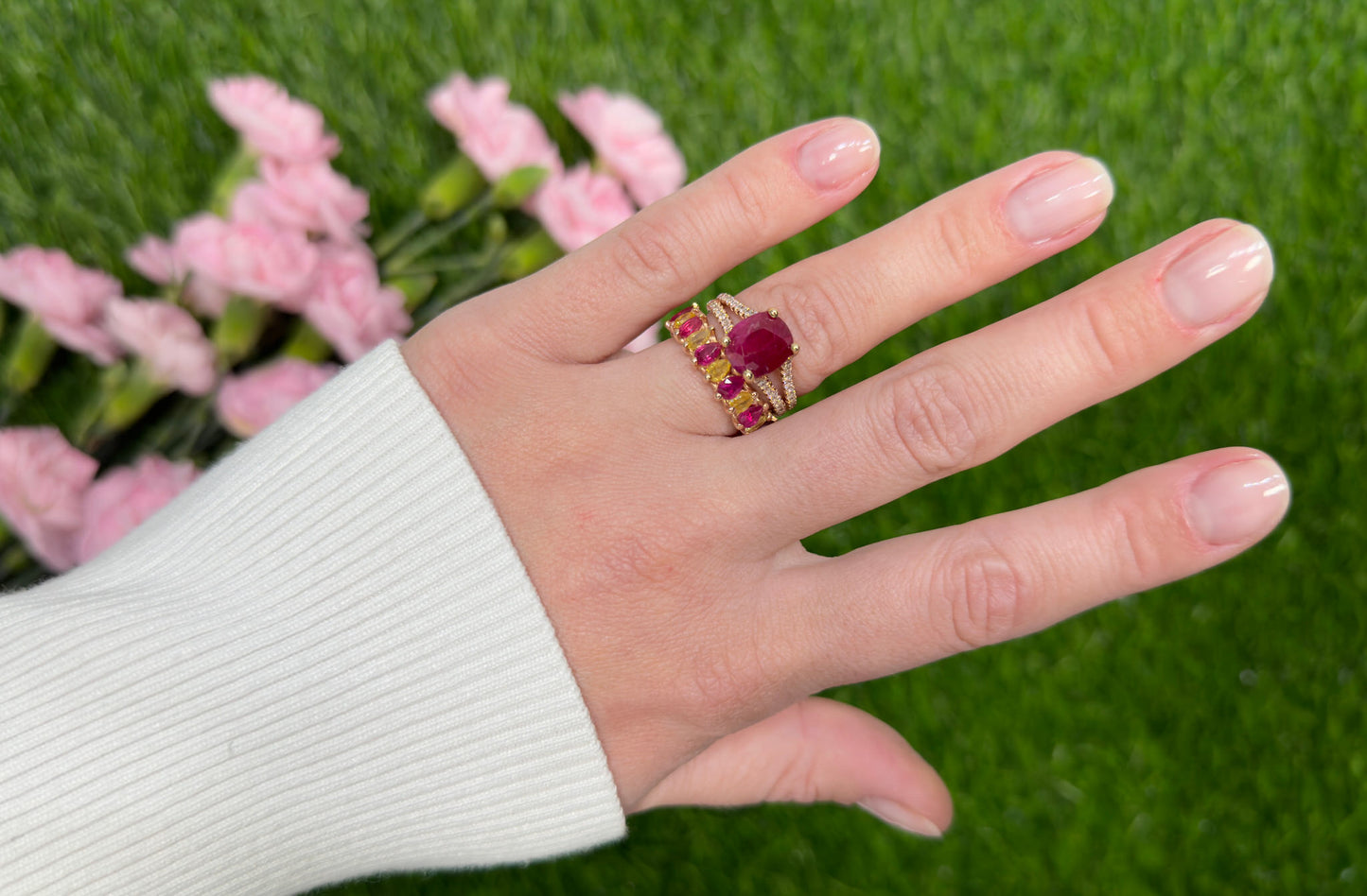 GIA Certified Burma Unheated Ruby and Fancy Yellow Diamond Eternity Ring Set