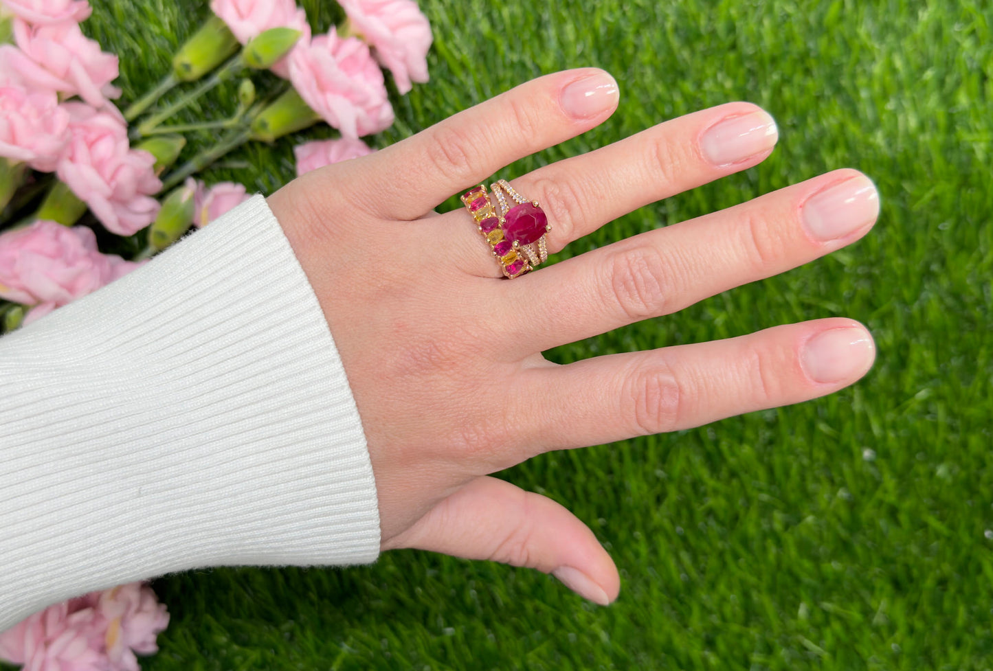 GIA Certified Burma Unheated Ruby and Fancy Yellow Diamond Eternity Ring Set