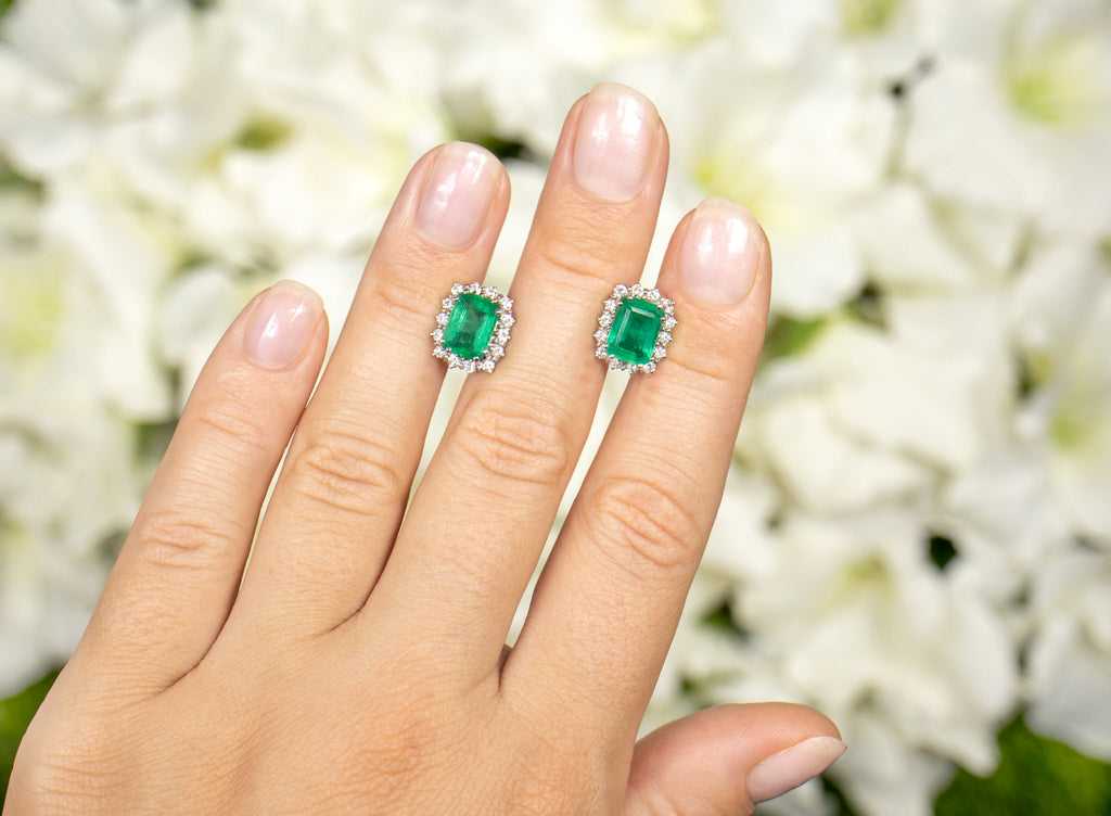 IGI Certified Emerald Stud Earrings Diamond Halo 4.49 Carats 18K Gold