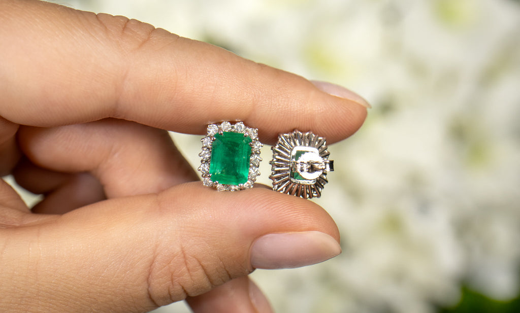 IGI Certified Emerald Stud Earrings Diamond Halo 4.49 Carats 18K Gold