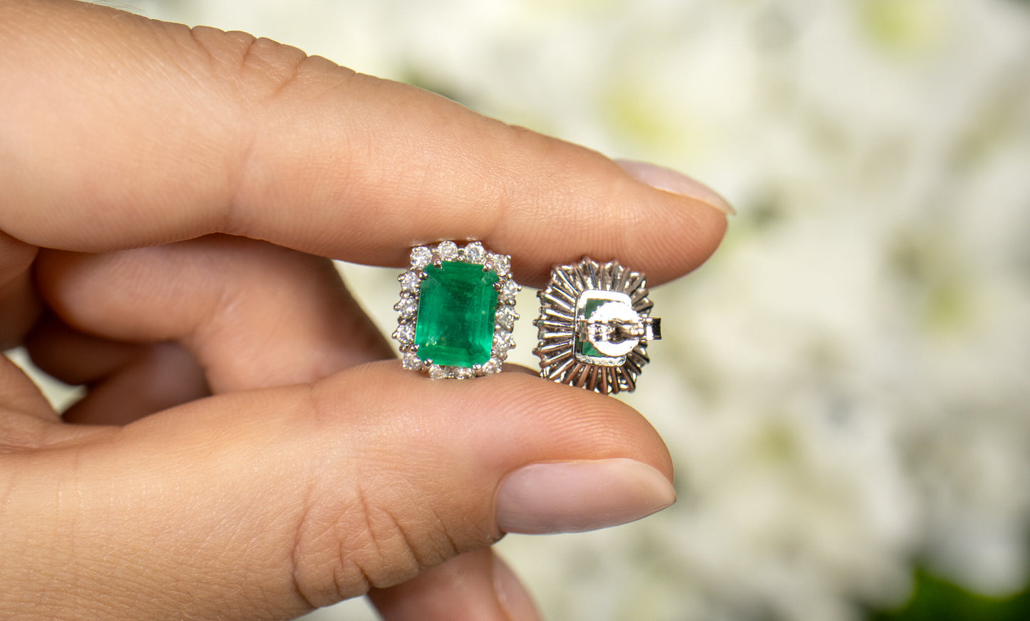 IGI Certified Emerald Stud Earrings Diamond Halo 4.49 Carats 18K Gold