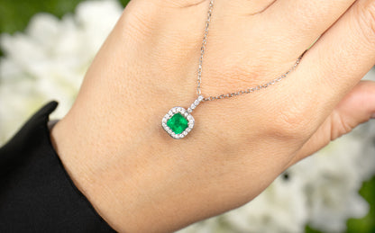 Emerald Pendant Necklace Diamond Halo 1.2 Carats 14K White Gold