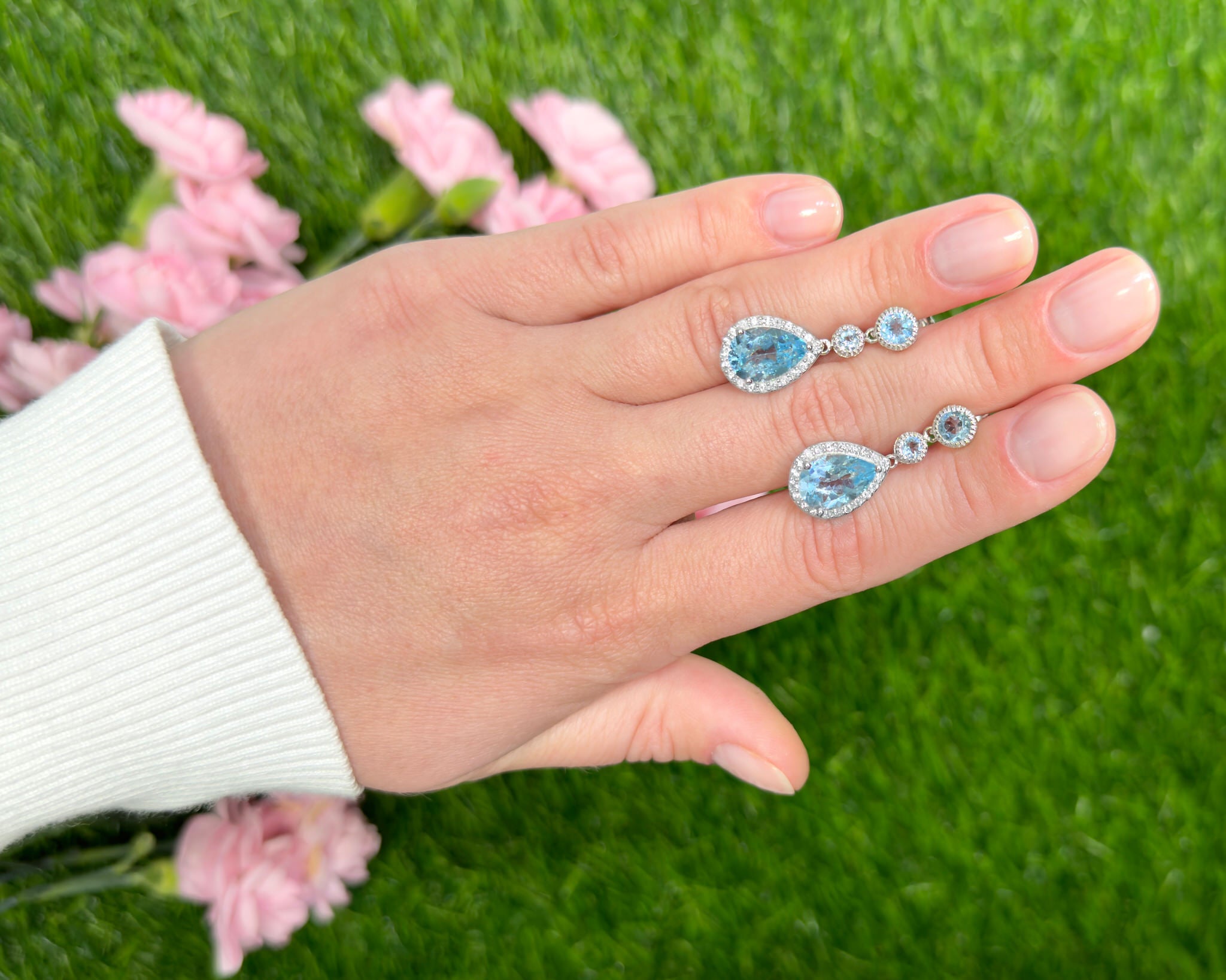Swiss Blue Topaz Dangle Earrings With White Topaz 9.46 Carats