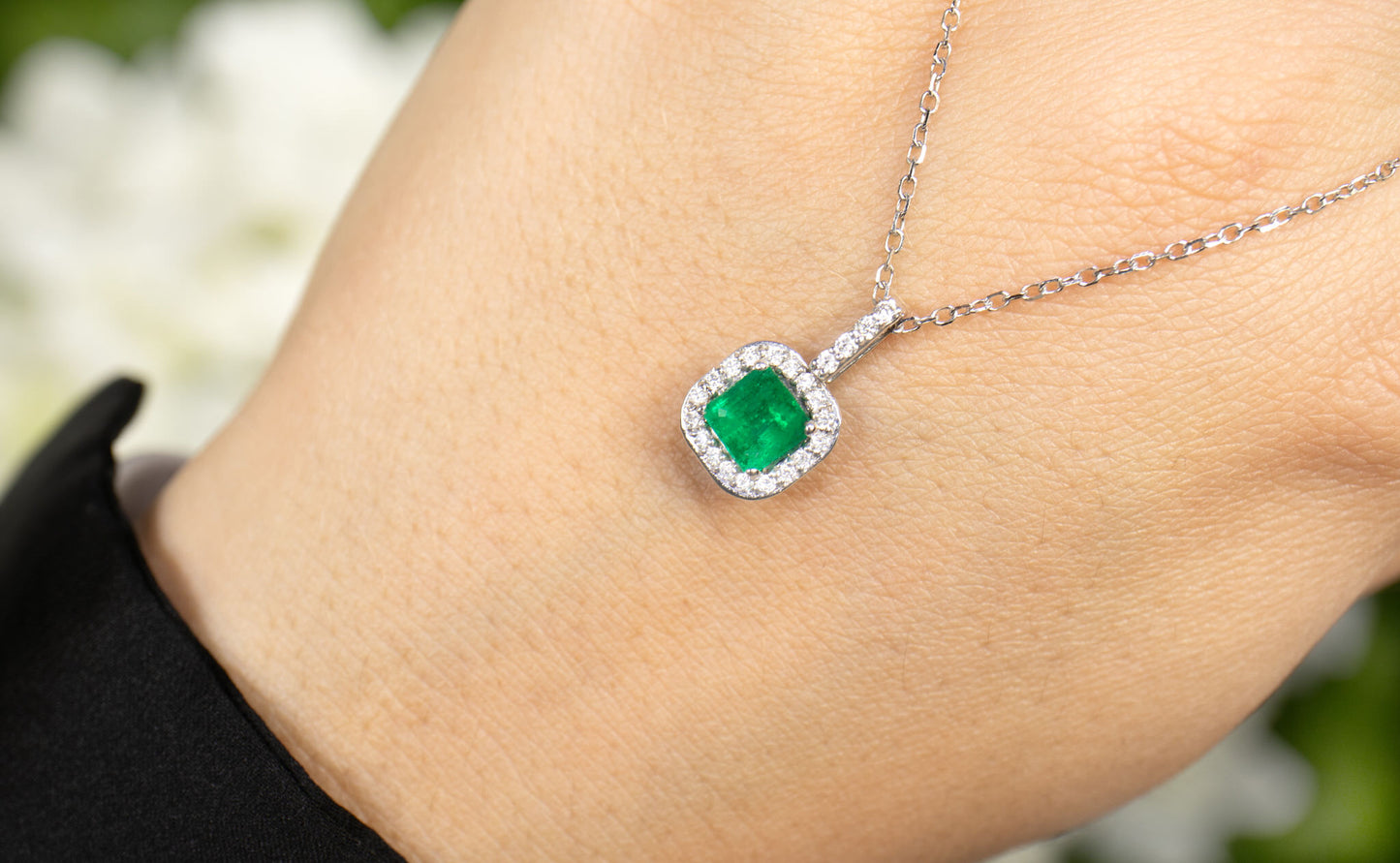 Emerald Pendant Necklace Diamond Halo 1.2 Carats 14K White Gold