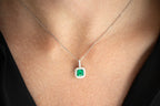 Emerald Pendant Necklace Diamond Halo 1.2 Carats 14K White Gold