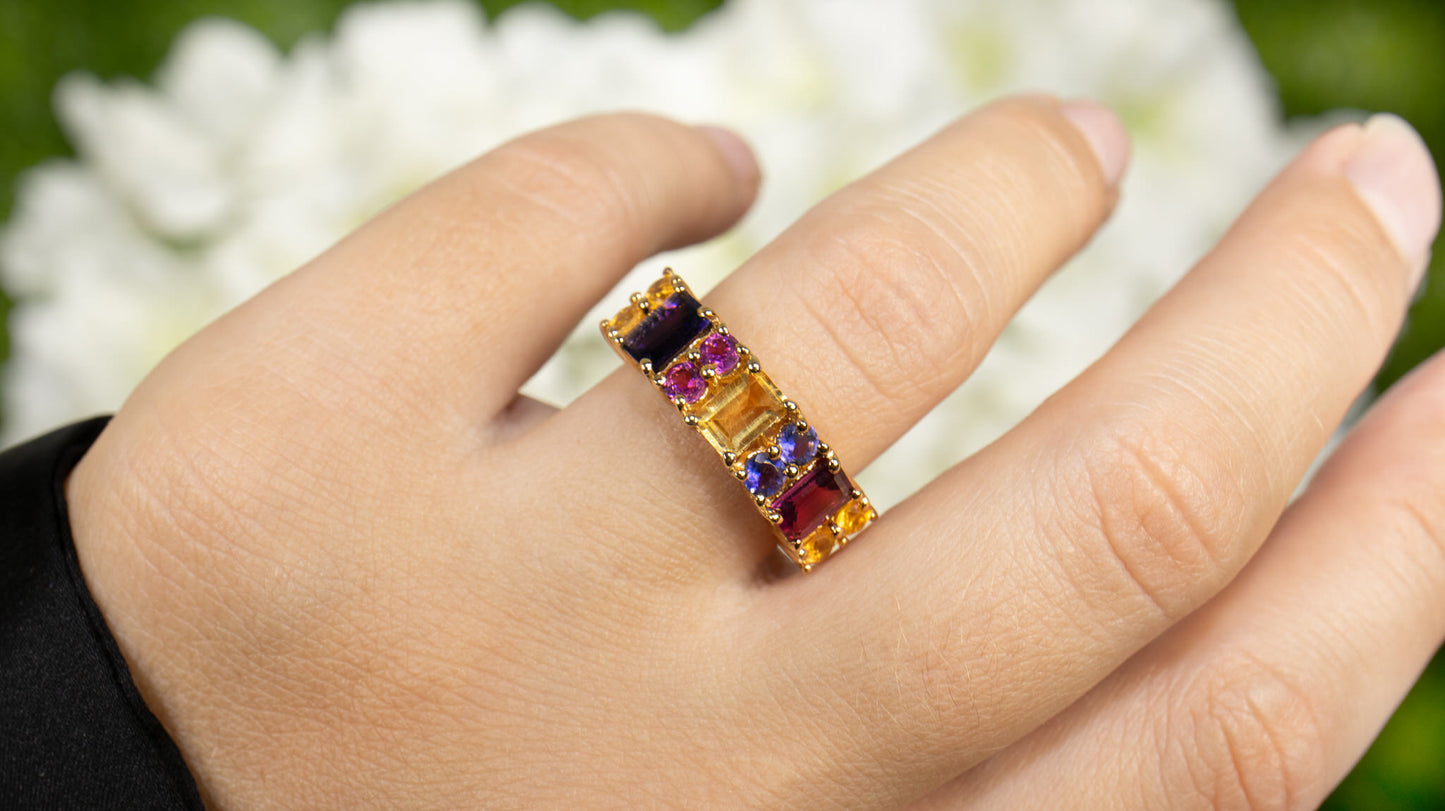 Multicolor Gemstones Ring Citrine Rhodolite Iolite 2.71 Carats 14K Gold Plated