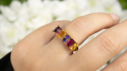 Multicolor Gemstones Ring Citrine Rhodolite Iolite 2.71 Carats 14K Gold Plated