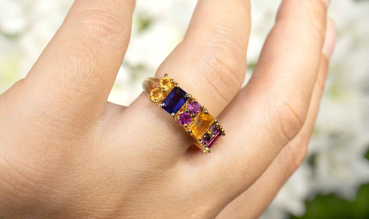 Multicolor Gemstones Ring Citrine Rhodolite Iolite 2.71 Carats 14K Gold Plated