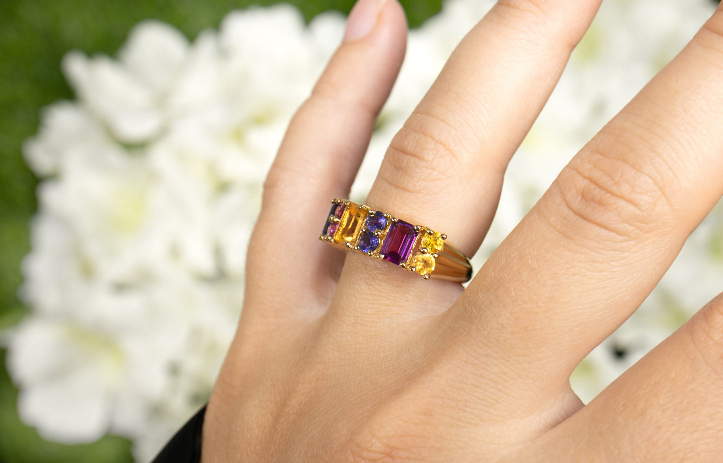 Multicolor Gemstones Ring Citrine Rhodolite Iolite 2.71 Carats 14K Gold Plated