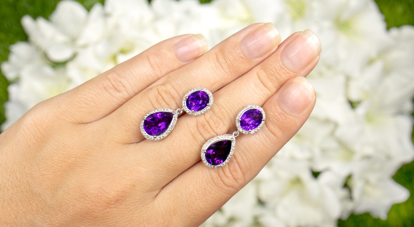 Natural Amethyst Dangle Earrings With Diamonds 8.45 Carats Total