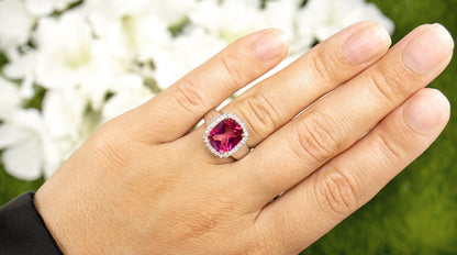 Hot Pink Topaz Ring White Topaz Halo 4.4 Carats