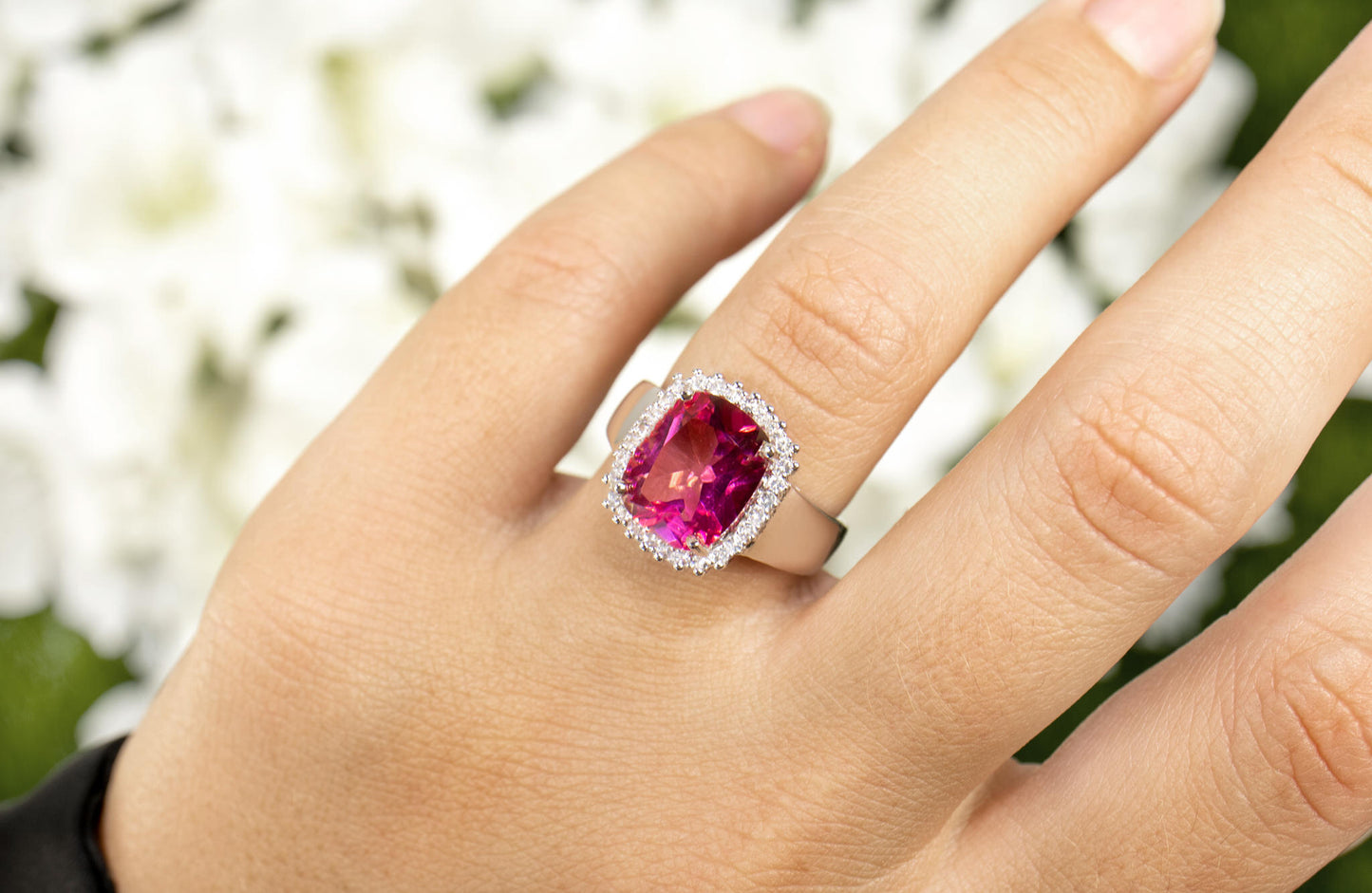 Hot Pink Topaz Ring White Topaz Halo 4.4 Carats