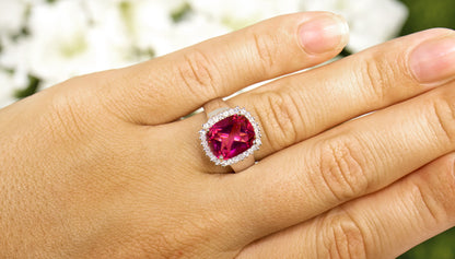 Hot Pink Topaz Ring White Topaz Halo 4.4 Carats