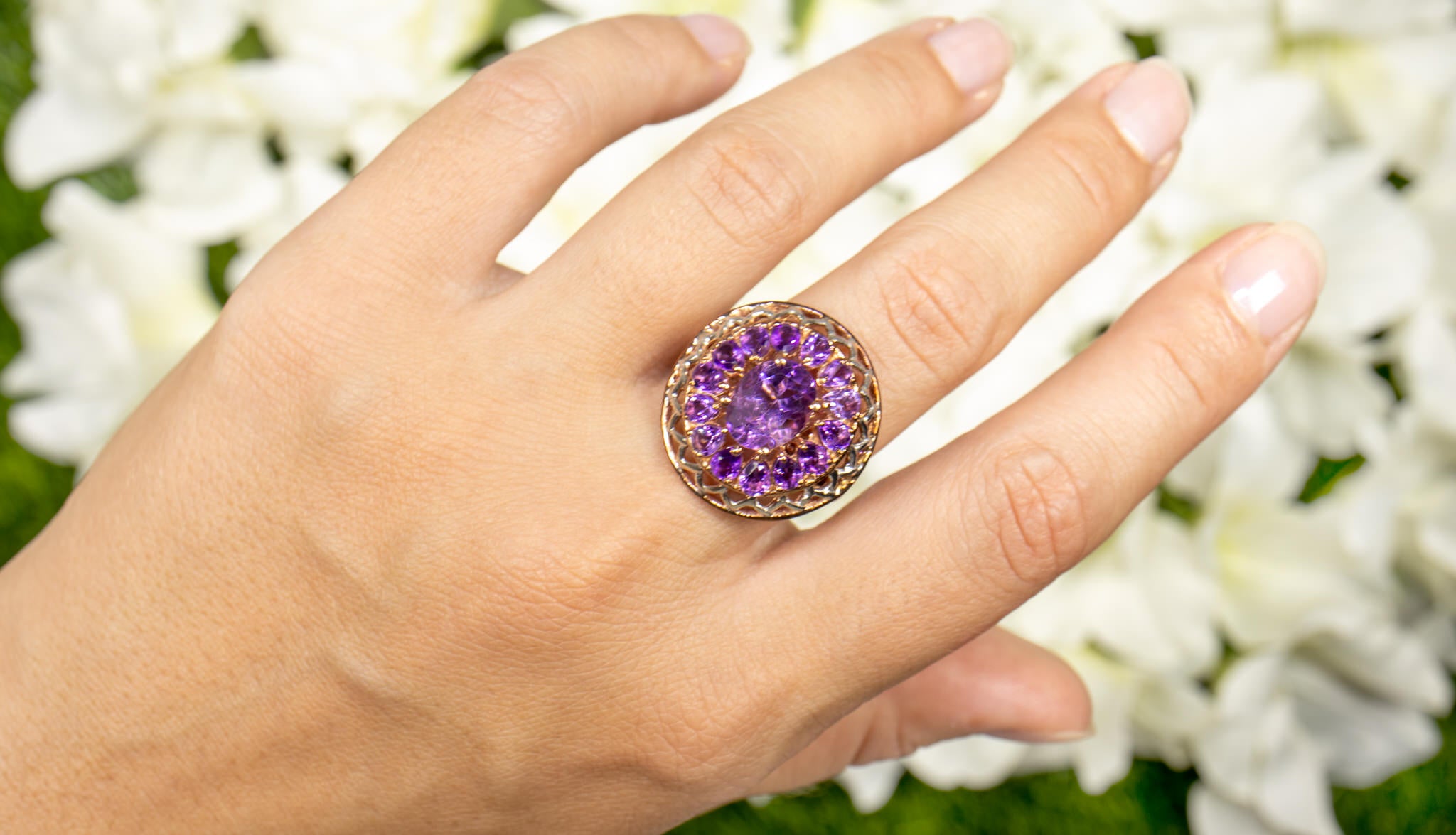 Amethyst Flower Cocktail Ring 4.29 Carats 14K Rose Gold Plated Silver
