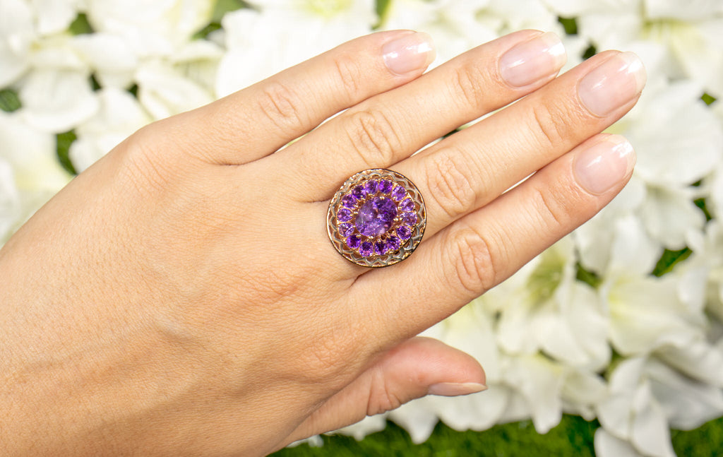 Amethyst Flower Cocktail Ring 4.29 Carats 14K Rose Gold Plated Silver
