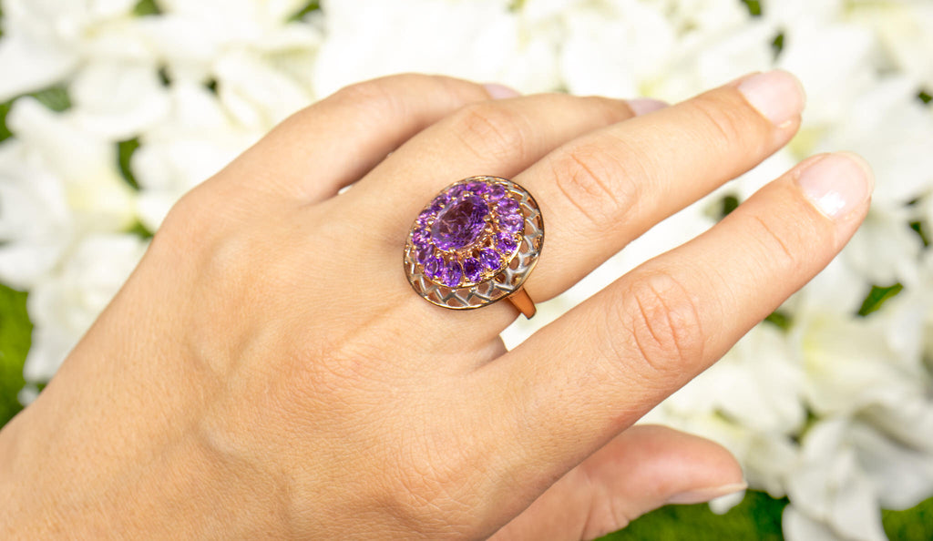 Amethyst Flower Cocktail Ring 4.29 Carats 14K Rose Gold Plated Silver