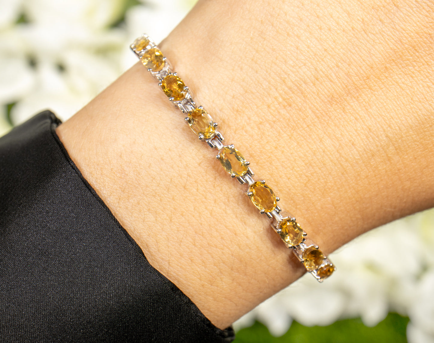 Citrine Tennis Bracelet 9 Carats Oval Cut Rhodium Plated Silver