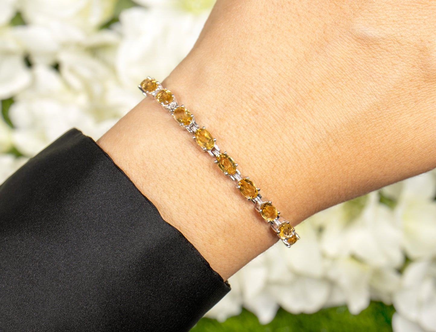 Citrine Tennis Bracelet 9 Carats Oval Cut Rhodium Plated Silver