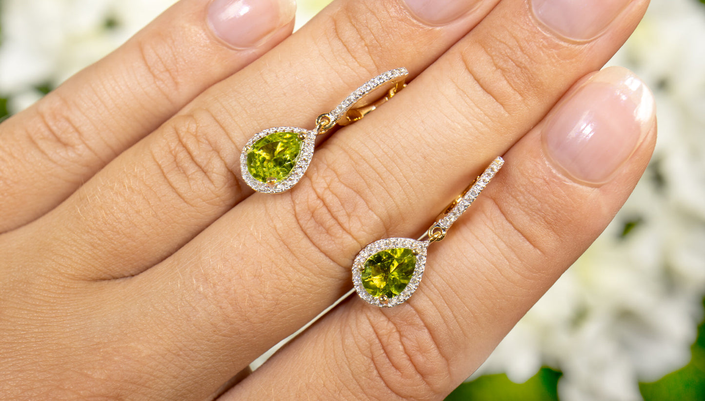 Natural Peridot Dangle Earrings White Topaz 2.16 Carats 18K Gold Plated Silver