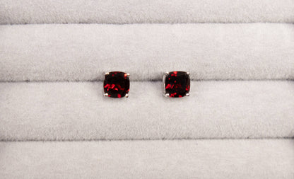 Natural Cushion Cut Red Garnet Stud Earrings 3 Carats Total