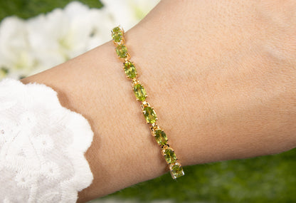 Peridot Tennis Bracelet 8.6 Carats Oval Cut 14K Yellow Gold Plated Silver