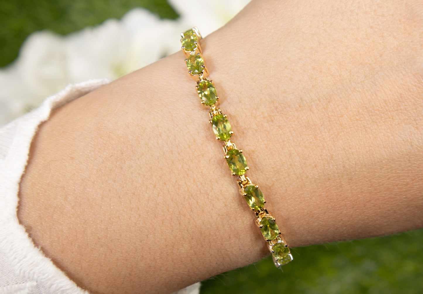 Peridot Tennis Bracelet 8.6 Carats Oval Cut 14K Yellow Gold Plated Silver