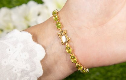 Peridot Tennis Bracelet 8.6 Carats Oval Cut 14K Yellow Gold Plated Silver