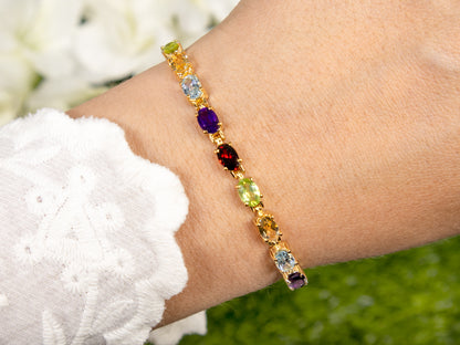 Multicolor Gemstones Tennis Bracelet 8.95 Carats 14K Yellow Gold Plated Silver