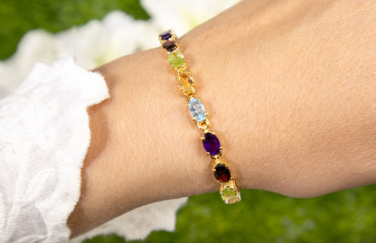 Multicolor Gemstones Tennis Bracelet 8.95 Carats 14K Yellow Gold Plated Silver