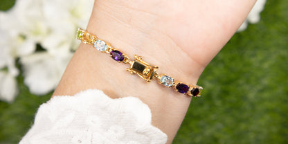 Multicolor Gemstones Tennis Bracelet 8.95 Carats 14K Yellow Gold Plated Silver