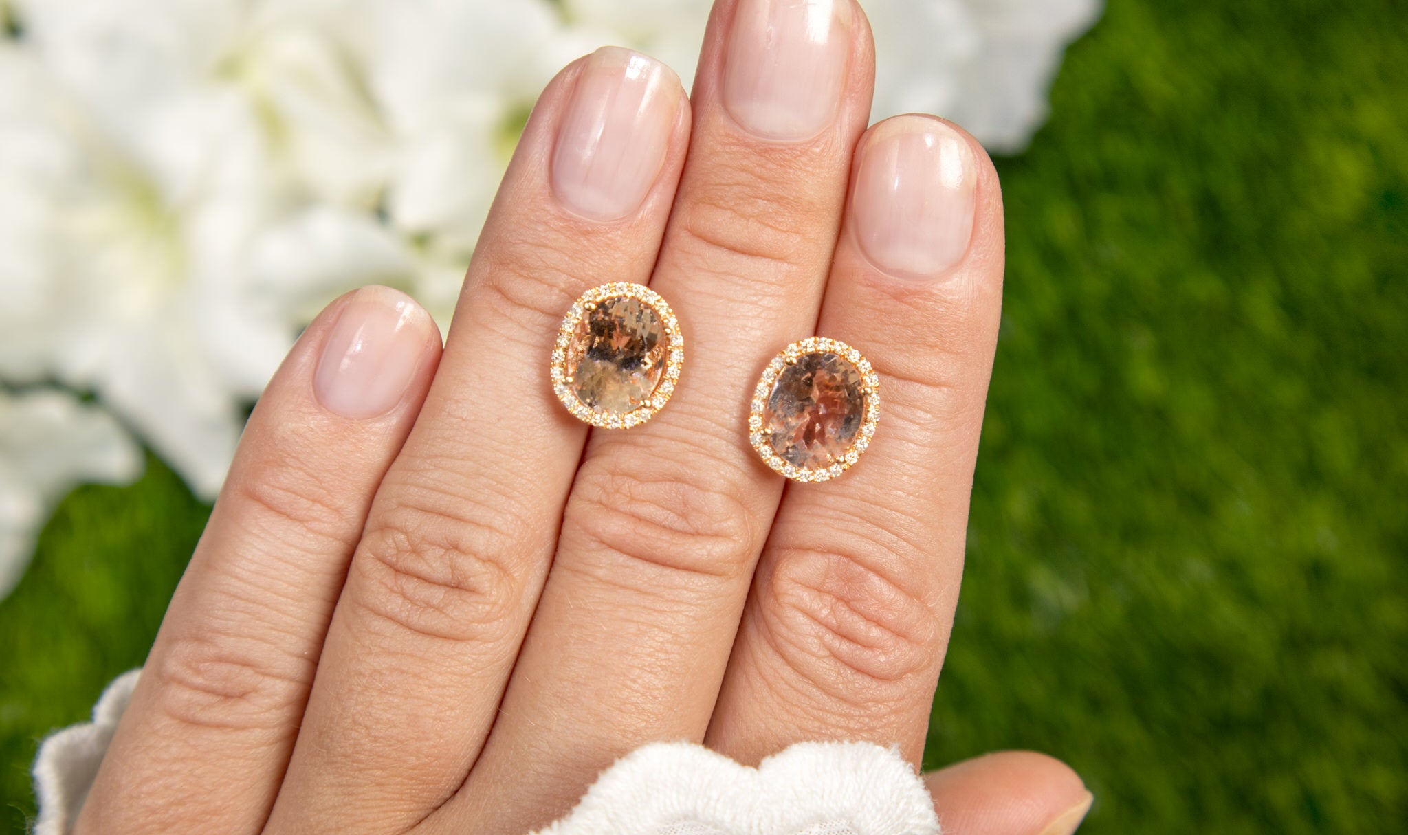 Oval Cut Morganite Stud Earrings With Diamond Halo 5.5 Carats Total