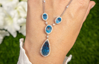 Elongated Pear Shaped Blue Topaz Necklace With Diamonds 11.8 Carats