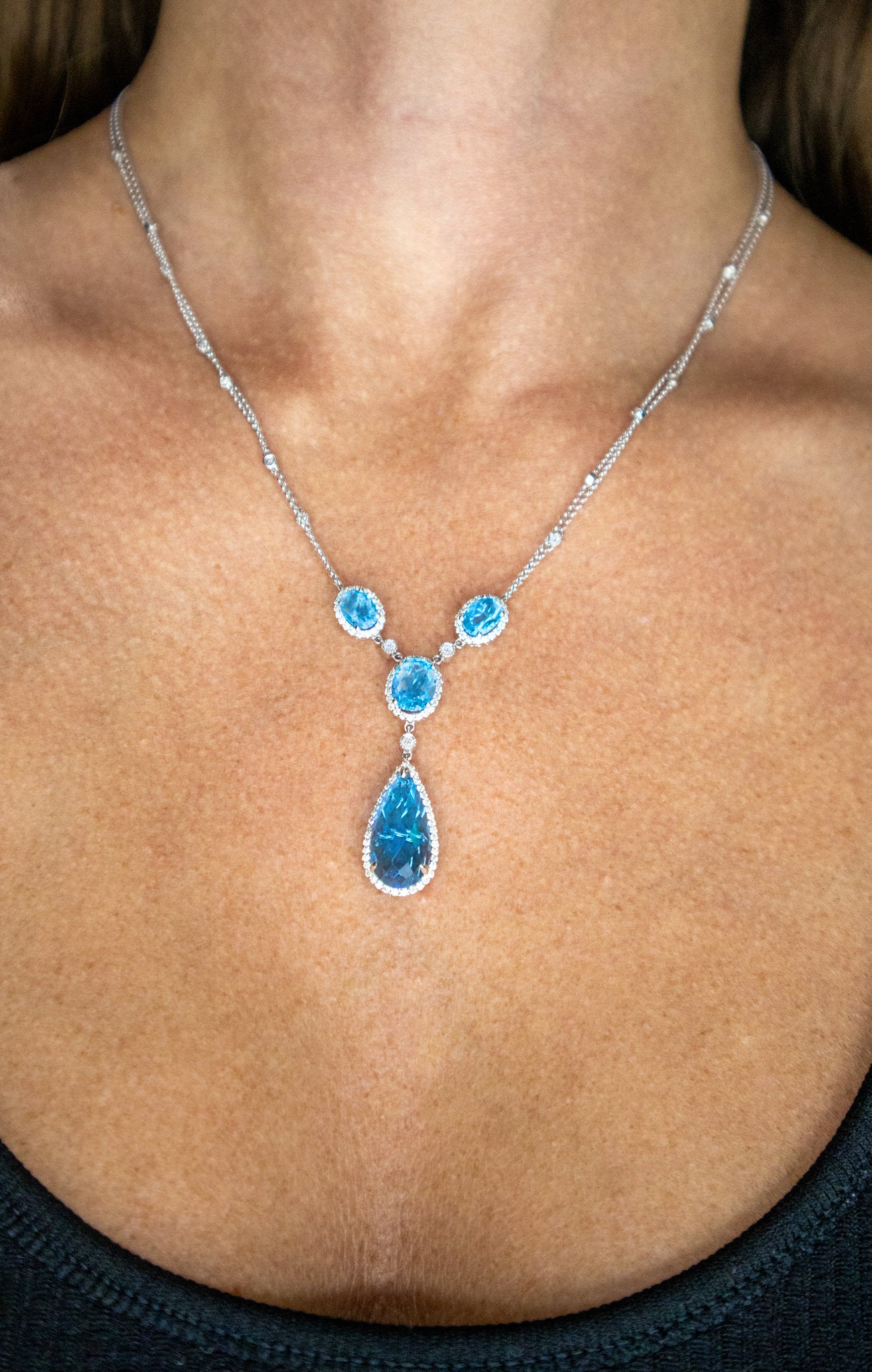 Elongated Pear Shaped Blue Topaz Necklace With Diamonds 11.8 Carats