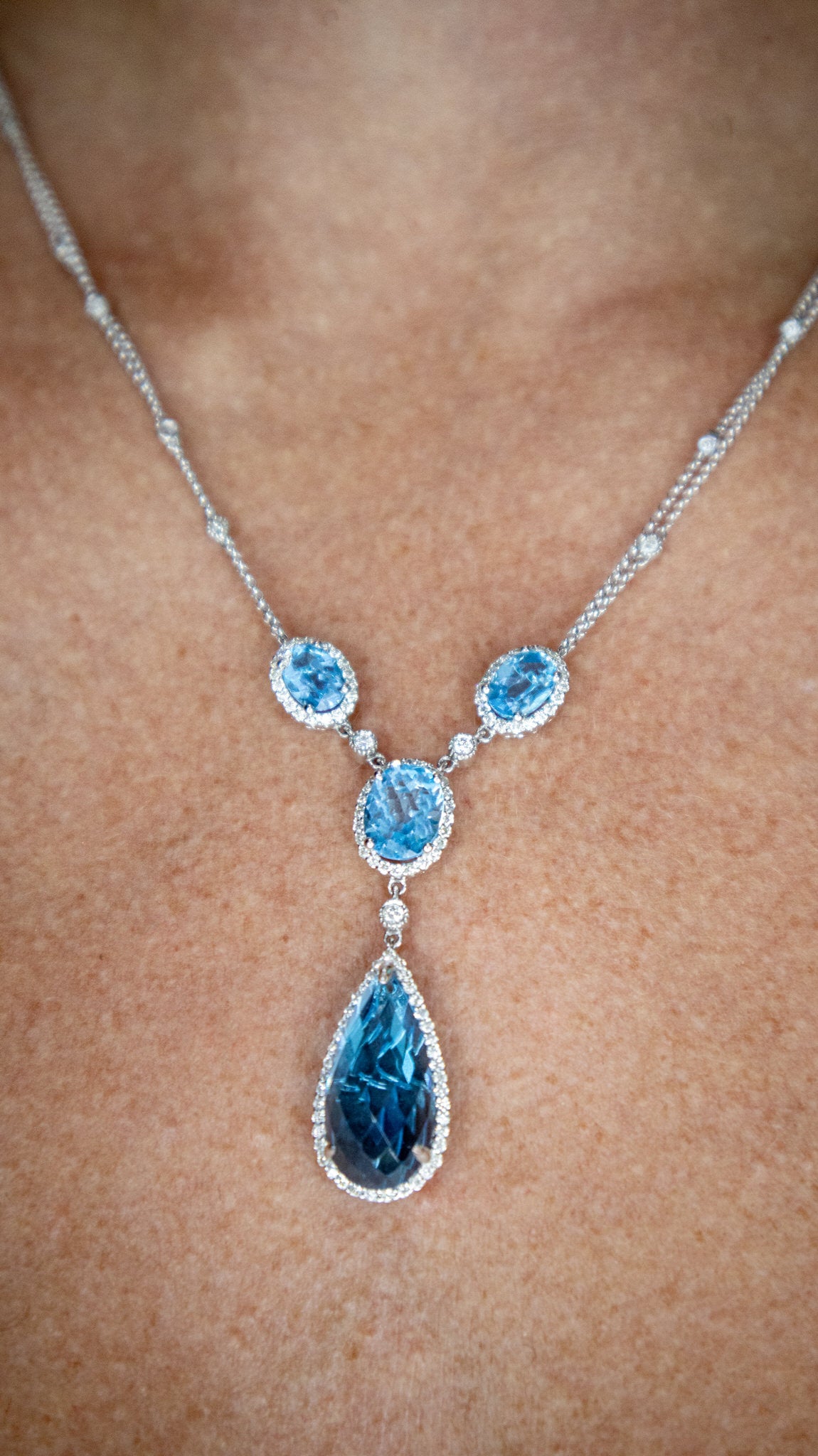 Elongated Pear Shaped Blue Topaz Necklace With Diamonds 11.8 Carats