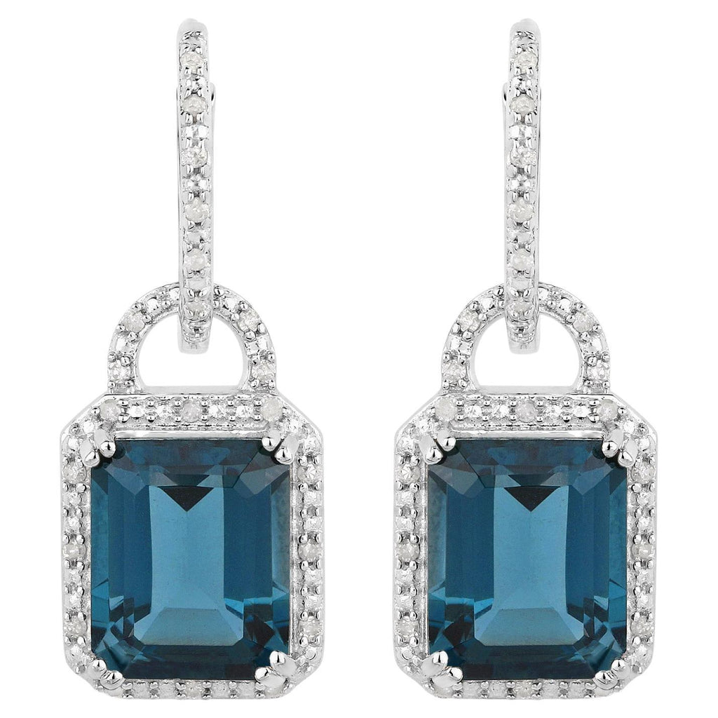 London Blue Topaz Dangle Earrings Diamonds 7.95 Carats Sterling Silver