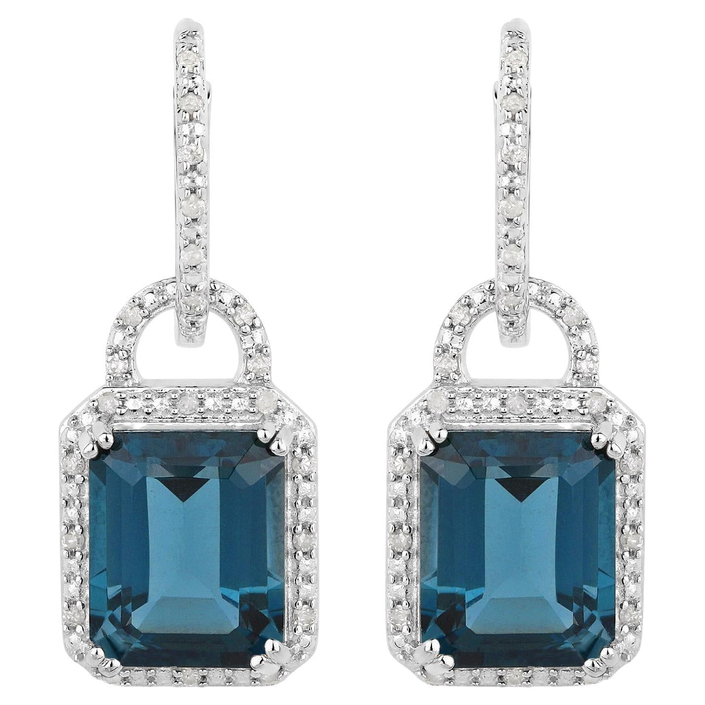 London Blue Topaz Dangle Earrings Diamonds 7.95 Carats Sterling Silver