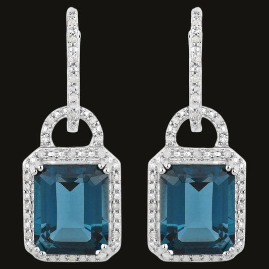 London Blue Topaz Dangle Earrings Diamonds 7.95 Carats Sterling Silver